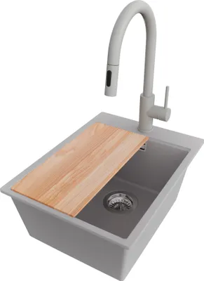 Produktbild von PRIMAGRAN Granitspüle Grau 38x50cm, Spülbecken 1 Becken + Küchenarmatur 40x20cm + Ablauf-Set + Schneidebrett, Küchenspüle ab 40er Unterschrank - Oslo