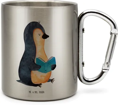 Produktbild von Mr. & Mrs. Panda karabiner tasse Pinguin Buch - Transparent - Geschenk, Thermobecher, Ausruhen, Lesen, Becher Aus Edelstahl, reisebecher, Urlaub, Pause, Teetasse