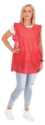 Produktbild von Chasuble Kasack Überwurf Schürze Dederon Nylon Nostalgie Rüsche Punkte, Größe:L, Farbe:rot mit weißen Punkten