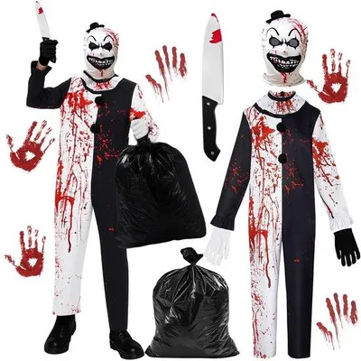 Productafbeelding van Halloweenkostuum eng - clownjumpsuit - clownmasker - handschoenen - griezelig kostuum - polyester, comfortabel - Griezelkostuum