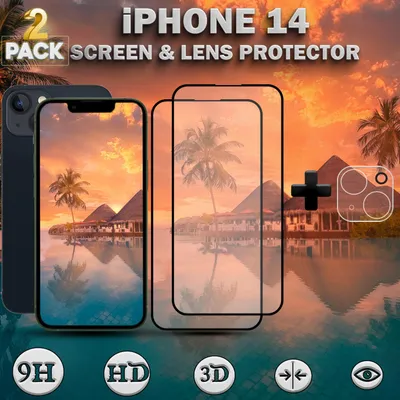 Produktbild von 2-Pack iPhone 14 Displayschutzfolie & 1-Pack Kameraschutz - Gehärtetes Glas 9H - Super Qualität 3D
