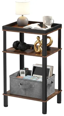 Immagine prodotto di Tavolino industriale, altezza 61 cm, color marrone rustico, con 3 ripiani e vassoio
