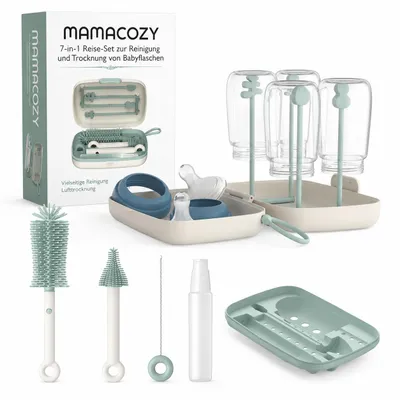 Produktbild von Momcozy Flaschenbürsten-Set - Babyflaschen-Reinigungsset mit Silikonbürste, Nippelbürste, Strohhalmbürste, Seifenspender, Trockengestell