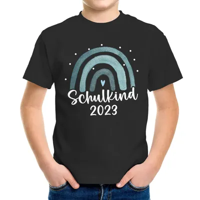 Produktbild von Kinder Jungen T-Shirt Einschulung Schulkind 2023 Regenbogen Aufdruck Geschenk Schulanfang Moonworks® schwarz/blau 110-116 (5-6 Jahre)