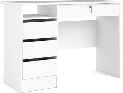 Produktbild von Plus Schreibtisch mit 1 Regal, 3 kleinen Schubladen und 1 großen Schublade mit Schlüssel, weiß.