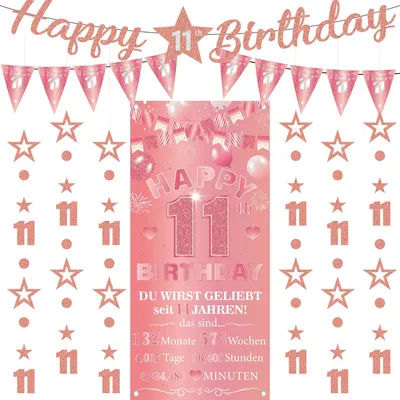 Productafbeelding van Verjaardagsdecoratieset - 9-delige set van slingers en banners - Feestdecoratie - Roze goud - 11 jaar
