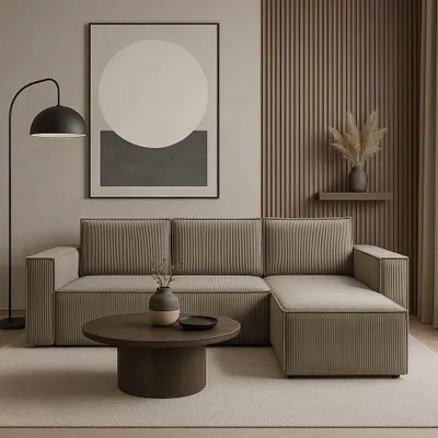 Obrázek produktu pro Rohová pohovka GUTTO CORDA BEIGE z manšestrové látky s funkcí spaní - moderní design v módních barvách