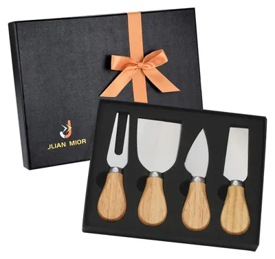 4-teiliges Käsemesser-Set, Edelstahl, Holzgriffe, Geschenkbox
