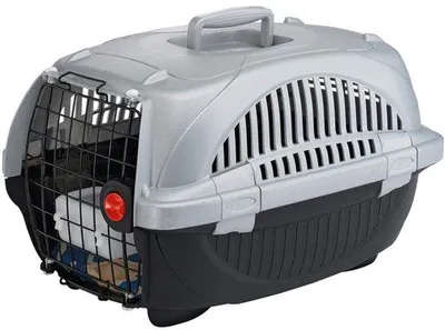 Imagen del producto de Caja de transporte Unyqoos® para perros y gatos pequeños: caja de plástico compacta de 34 x 50,7 x 30 cm, con ventilación, asa ergonómica y cierres de seguridad