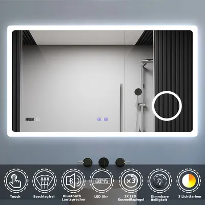 Produktbild von LED Badezimmer Spiegel mit Bluetooth Uhr 3-fache Vergrößerung Beschlagfrei 160x80cm Badspiegel mit Speicherfunktion Warm/Neutral/Kaltweiß Dimmbar CE