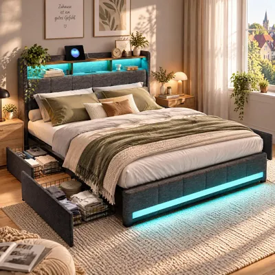 Produktbild von Polsterbett 140x200cm mit LED am Kopfteil & USB-Anschluss,Doppelbett mit 4 Schubladen,Bettgestell mit Lattenrost,Leinen,Grau(ohne Matratze)