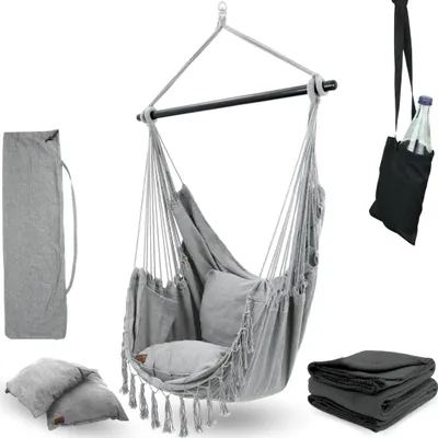 Produktbild von deluxe4home® Hängesessel mit 2 Kissen Hellgrau + Kuscheldecke I inkl. Getränkehalter und Bücherfach I Hängeschaukel bis 120 kg I Indoor Outdoor