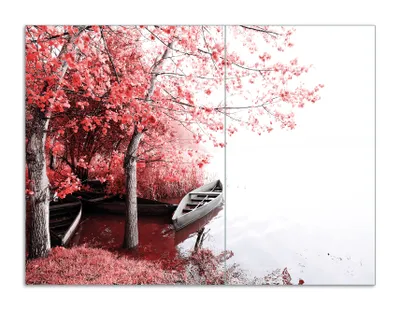 Produktbild von Wallario Herdabdeckplatte aus Glas, Größe 70 x 52 cm 2-teilig, Motiv Romantische Bootsanlegestelle in rot-weiß