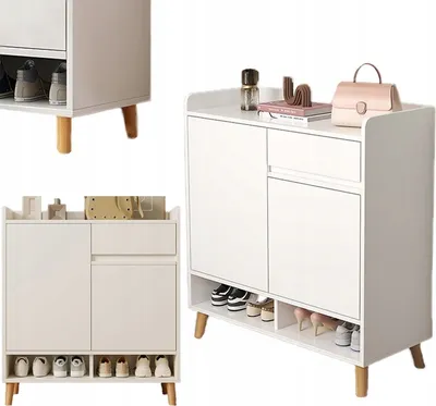 Collage of a white modern shoe cabinet with wooden legs, showing different angles and details.