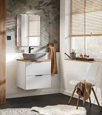 Produktbild von MONTIERT Design Badmöbel Set mit Waschbecken ADEL WEISS 60 cm MDF SOFT-CLOSE Waschtisch Spiegel