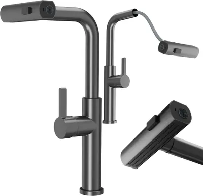 A set of kitchen faucets on a white background.