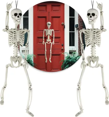 Produktbild von com-four® 2x 90cm Deko Skelett für Halloween - XXL-Skelett aus Kunststoff zum Aufhängen und Aufstellen - Skelett mit beweglichen Gelenken - hoher Grusel-Faktor für Halloween