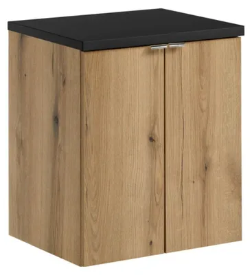 Productafbeelding van Hangend badkamermeubelset VANO in eiken en zwart 50cm: onderkasten met deuren + blad voor wastafel