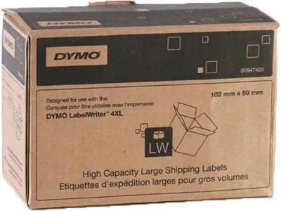 Zdjęcie produktu dla DYMO Oryginalne wydajne etykiety wysyłkowe LabelWriter | 59 mm x 102 mm | 2 rolki po 575 etykiet easy-peel (1150 etykiet wysyłkowych) | Samoprzylepne | dla drukarek etykiet LabelWriter 4XL/5XL, Biały, Samoprzylepne etykiety do drukowania, Papier, Na stałe, Prostokąt, LabelWriter