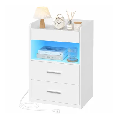 Produktbild von Nachttisch, Beistelltisch mit Tablett, Nachtschrank mit Ladefunktion & LED-Beleuchtung, 2 Schubladen, Modern, für Schlafzimmer