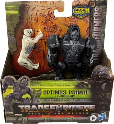 A toy packaging for Transformers: Rise of the Beasts featuring Optimus Primal and Arrowstripe.