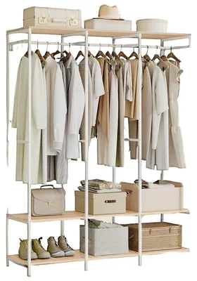 Obrázek produktu pro Stojací věšák na oblečení ve tvaru schodiště – ocel a dřevotříska – 40 x 141 x 180 cm – bílá/hnědá barva