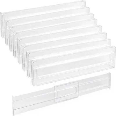 Zdjęcie produktu dla 8 sztuk regulowanych przegródek do szuflad, przezroczyste plastikowe organizery do szuflad do kuchni, łazienki i sypialni, o wymiarach 27,5-52 cm, idealne do utrzymania porządku