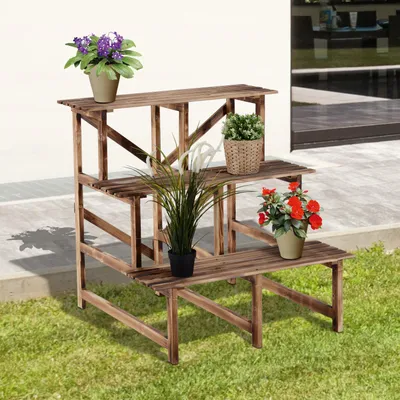Zdjęcie produktu dla Stojak na doniczki Outsunny 3-poziomowy, składany, wysokość 78 cm, do wewnątrz i na zewnątrz, drewniana półka na doniczki, stojak na doniczki z tackami, schody do salonu, ogrodu, balkonu, drewno naturalne