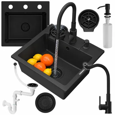 Produktbild von Granitan - Granitspüle - Küchenspüle - 44x42 cm - Schwarz - mit Armatur PRESTIGE und Zubehör - Spülbecken - TEOR