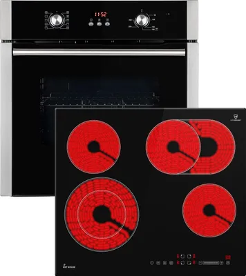 A built-in oven and a ceramic glass cooktop are shown together against a white background.