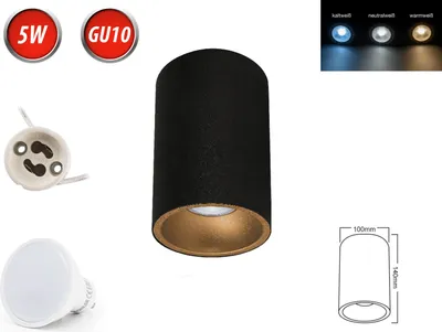 Produktbild von Deckenleuchte BETA-SR Aufbaustrahler Lampe Ø100mm Aufputz Leuchte Strahler mit GU10 5W Warmweiß LED Leuchtmittel Rund Schwarz/Gold