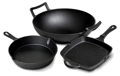 Produktbild von Gusseisen Pfannenset – Grillpfanne 23 x 23 cm, Bratpfanne Ø 25 cm & Wok Ø 32 cm – 3-teilig – für alle Herdarten geeignet
