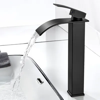 Productafbeelding van Zwarte, matte watervalmengkraan voor de badkamer, hoge watervalwastafelkraan, wastafelkraan met een uitloophoogte van 235 mm, moderne mengkraan geschikt voor G3/8" aansluitingen