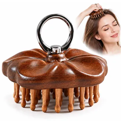 Produktbild von Kopfhaut Massagebürste, Kopfhautmassagegerät aus Sandelholz, 54 Zinken, Edelstahl-Design, für Kopfhautpflege und Kopfmassage