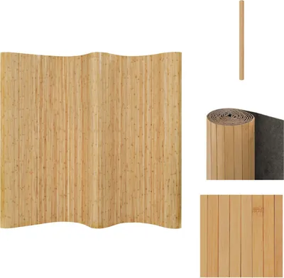 A product image showing a bamboo room divider and close-ups of its texture and construction.