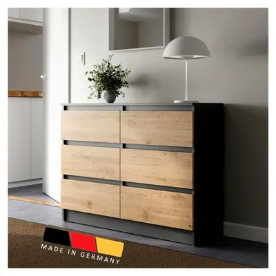 Produktbild von Kommode mit 6 Schubladen in Anthrazit und Artisan-Eiche Holz, Sideboard für Schlafzimmer, Wohnzimmer, Flur und Büro, Breite 95 cm, Höhe 78 cm
