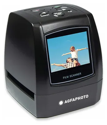 A digital film scanner with a picture of a father and child on its screen.