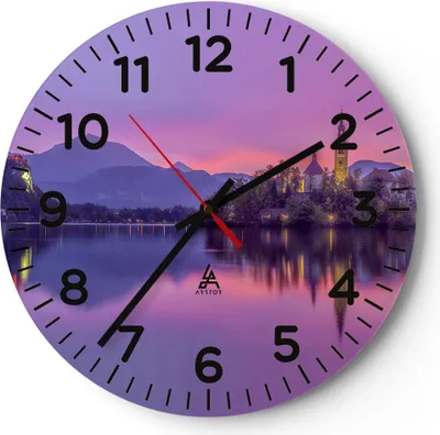 Produktbild von Wanduhr - Rund - Glasuhr - Landschaft Berg See Kirche - 30x30cm - Schleichendes Uhrwerk - Lautlos - zum Aufhängen bereit - Dekoration Modern - Wanddekoration aus Glas - C4AR30x30-3208