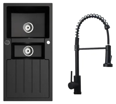 Produktbild von [Granitspüle 100x50 in verschiedenen Farben+ Armatur Spiral] Hochwertig beidseitig Montierbar Küchenspüle Eckig Einbaugranitspüle Granit Spülbecken f. Unterschränke ab 45 cm inkl.Siphon Set, Farben:Schwarz