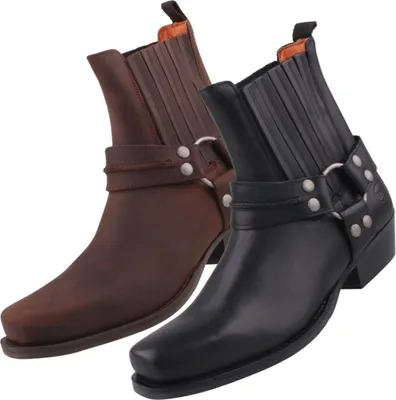 Two pairs of men's boots, one brown and one black, are shown against a white background.