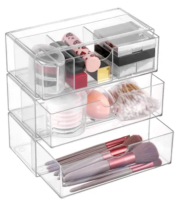 Produktbild von 3-teiliger Kosmetik-Organizer aus Acryl, Make-up-Organizer, Schminktisch-Organizer, Badezimmerschubladen-Organizer, stapelbarer Make-up-Organizer, Wattestäbchenhalter für Badezimmer und Schminktisch (transparent)