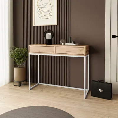 Image de SofaStyle Console LANGO 100 cm - Console à 2 tiroirs, coiffeuse, chêne Wotan avec pieds métalliques blancs