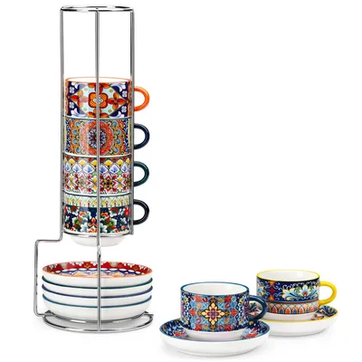 Image de Set de 4 tasses VANCASSO, set de tasses à café en porcelaine, tasses avec soucoupes, support métallique, 270 ml, style bohème
