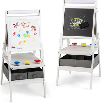 Produktbild von GOPLUS 3 in 1 Kinderstaffelei, multifunktionale Doppelstaffelei mit Whiteboard, Kreidetafel & Papierrolle, stehende Kindertafel mit Regal, Weiß