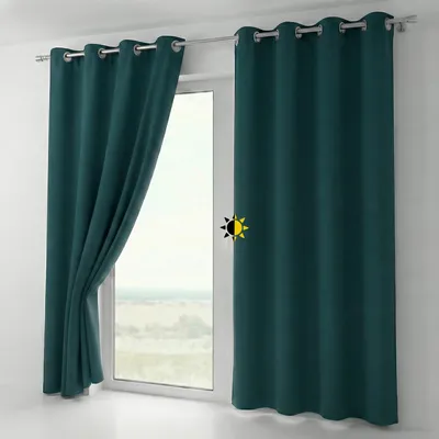Two teal curtains are shown hanging on a window rod, with one curtain partially drawn open to reveal a window with a landscape view.