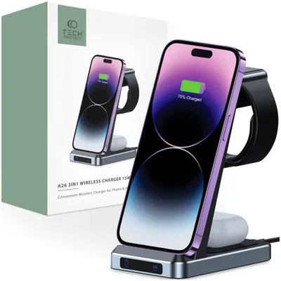 Produktbild von Tech-Protect Qi15W-A26 3In1 Drahtloses Ladegerät Schwarz