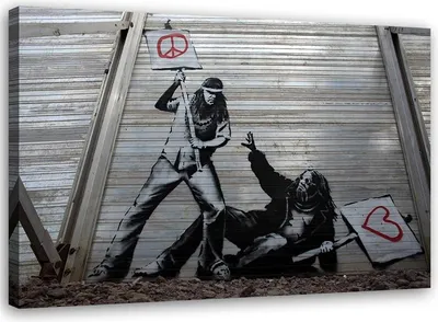 Zdjęcie produktu dla Obraz na płótnie, Banksy Walka pokoju z miłością 120x80 cm Feeby szary obraz na ścianę gotowy do powieszenia