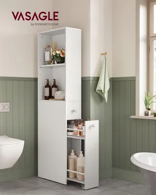 Obrázok produktu pre Biela kúpeľňová skrinka – úložná skrinka z drevotriesky – 40 x 18 x 134,4 cm