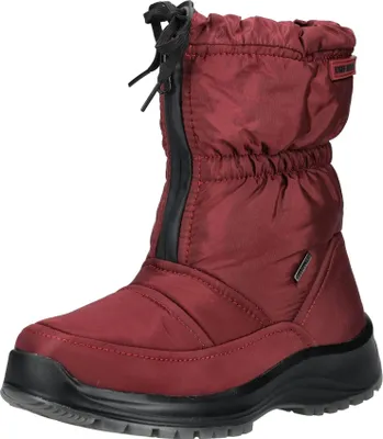 A single red winter boot is shown against a white background.
