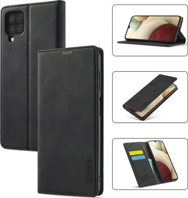 Obrázek produktu pro Galaxy A12 5G Kožené pouzdro s funkcí stojánku a držákem karet, peněženkový design pouzdro pro Samsung Galaxy A12 5G černé